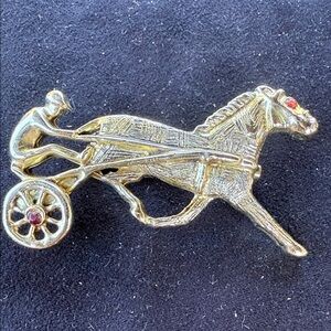 Vintage Gold Horse and Chariot Brooch with Red Accents